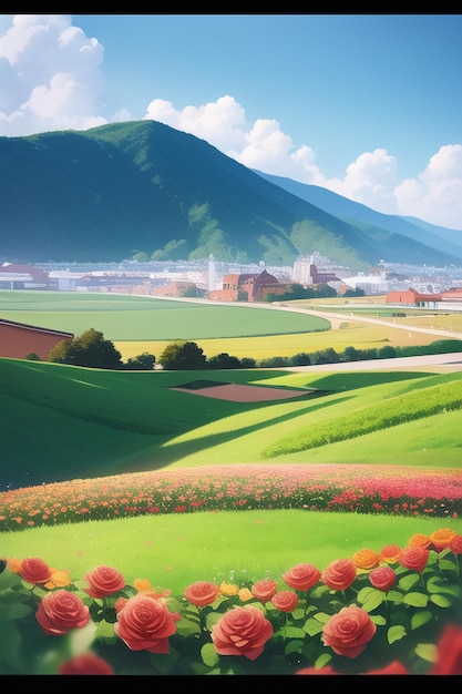 Ein Gemälde eines Feldes mit einem Berg im Hintergrund