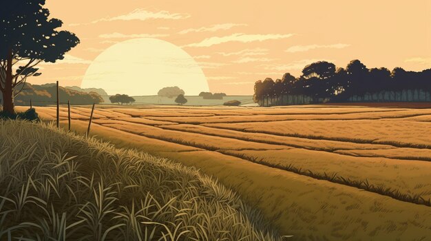 Ein Gemälde eines Feldes mit einem Sonnenuntergang im Hintergrund.
