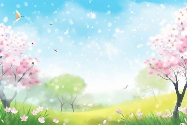 Ein Gemälde eines Feldes mit rosa Blumen und einem blauen Himmel