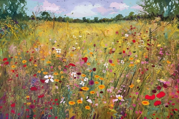 Ein Gemälde eines Feldes wilder Blumen