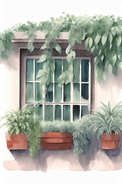 Ein Gemälde eines Fensters mit Topfpflanzen