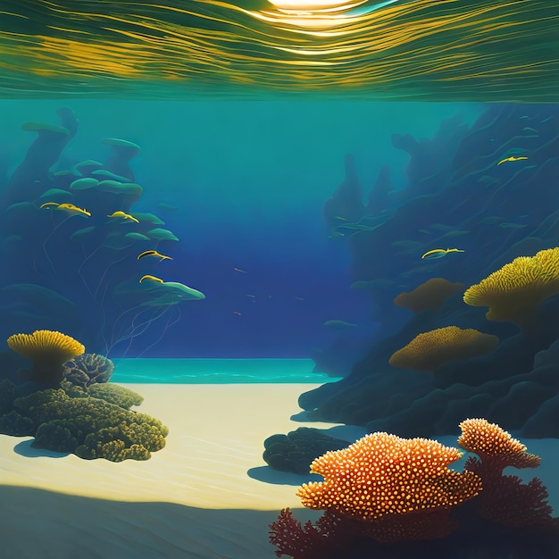 Ein Gemälde eines Fisches, der unter Wasser schwimmt