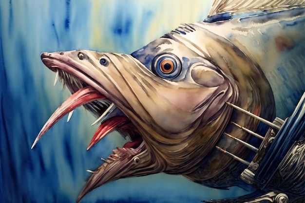 Ein Gemälde eines Fisches mit offenem Maul