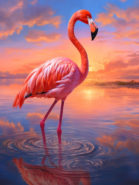 Ein Gemälde eines Flamingos mit dem Himmel im Hintergrund