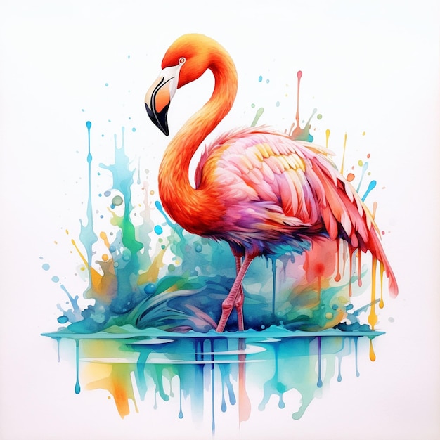 Ein Gemälde eines Flamingos mit rosa Kopf und schwarzen Augen.