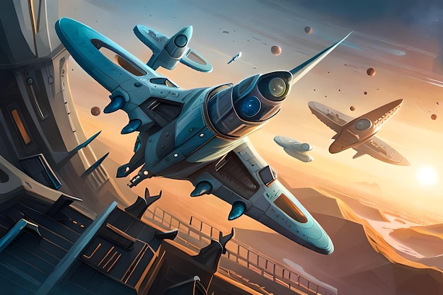 Ein Gemälde eines Flugzeugs, das über eine Stadt fliegt, mit Himmelshintergrund und einigen darüber fliegenden Flugzeugen.