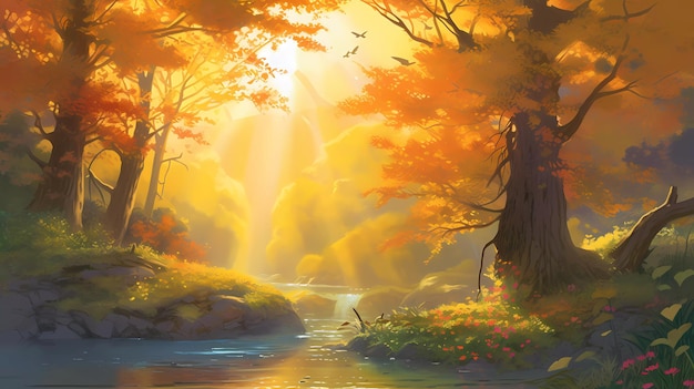 Ein Gemälde eines Flusses im Wald mit der Sonne, die durch die Bäume scheint