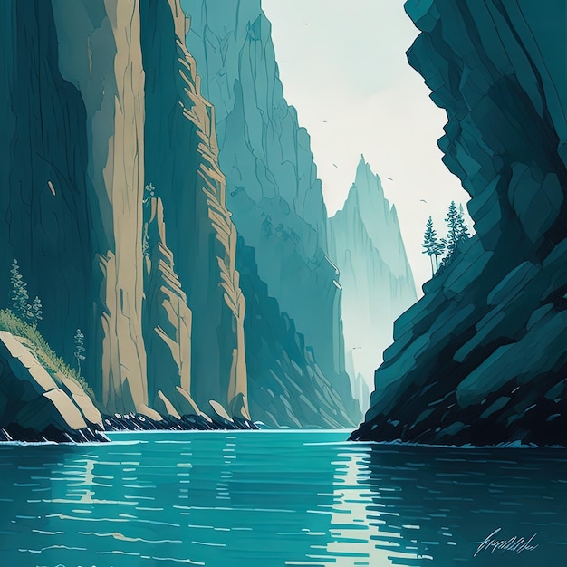 Ein Gemälde eines Flusses in einer Schlucht mit einem Berg im Hintergrund