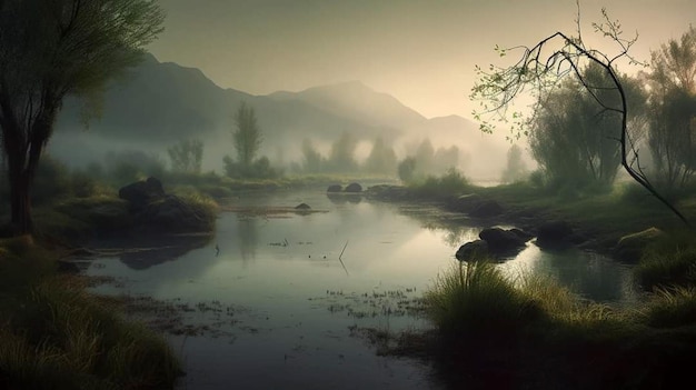 Ein Gemälde eines Flusses mit Bergen im Hintergrund