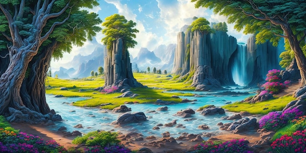 Ein Gemälde eines Flusses mit Bergen im Hintergrund.