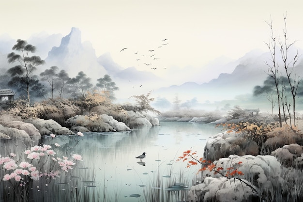 ein Gemälde eines Flusses mit darüber fliegenden Vögeln.