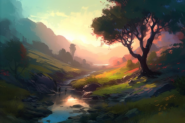 Ein Gemälde eines Flusses mit einem Baum im Vordergrund