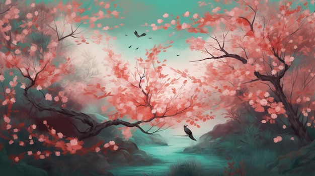 Ein Gemälde eines Flusses mit einem Baum mit rosa Blüten und einem Vogel darauf.