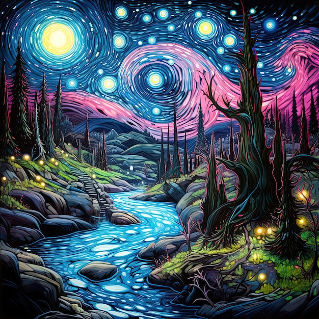 Ein Gemälde eines Flusses mit einem Fluss und Bäumen mit einem Mond und Sternen im Hintergrund.