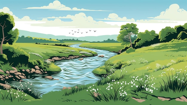Ein Gemälde eines Flusses mit einem Fluss und Gras und Bäumen.