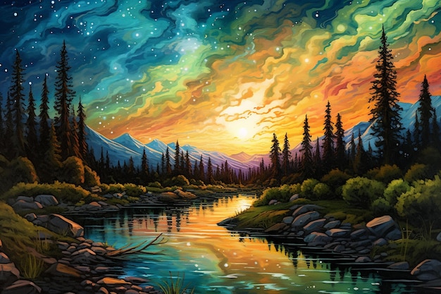 Ein Gemälde eines Flusses mit einem Sonnenuntergang im Hintergrund.
