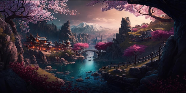 Ein Gemälde eines Flusses mit einer Brücke und einer Brücke mit einem rosa blühenden Baum.