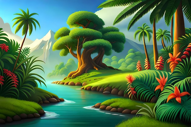 Ein Gemälde eines Flusses mit einer Dschungelszene.