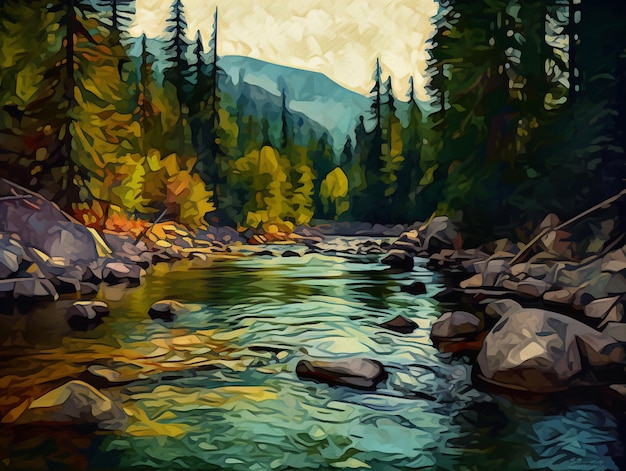 Ein Gemälde eines Flusses mit Felsen und Bäumen im Vordergrund.
