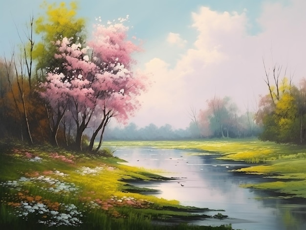 Ein Gemälde eines Flusses mit rosa Blumen.