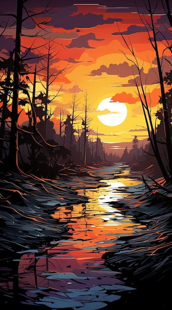 ein Gemälde eines Flusses mit Vollmond und Bäumen