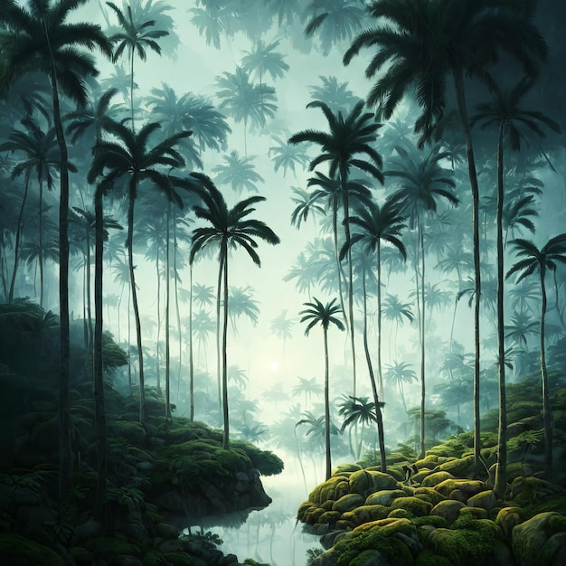 Ein Gemälde eines Flusses, umgeben von hohen Palmen