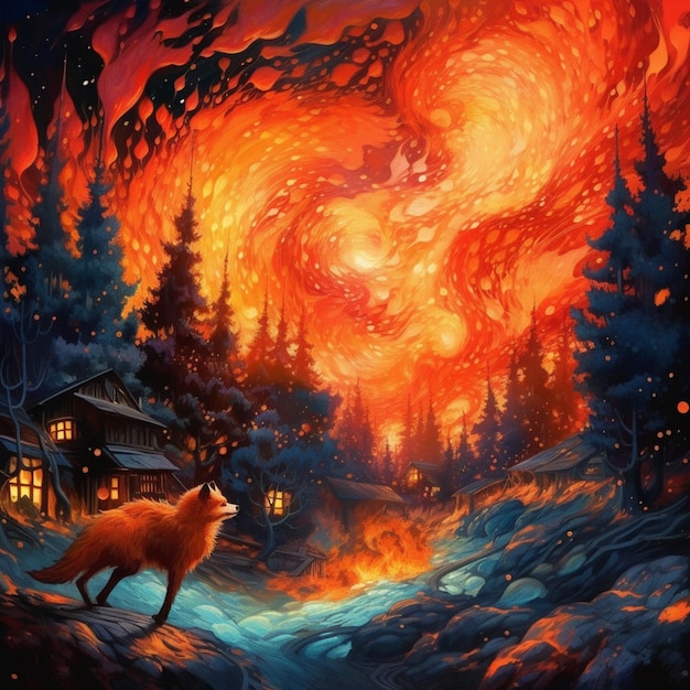 Ein Gemälde eines Fuchses, der ein Feuer betrachtet, mit einem Feuer im Hintergrund.