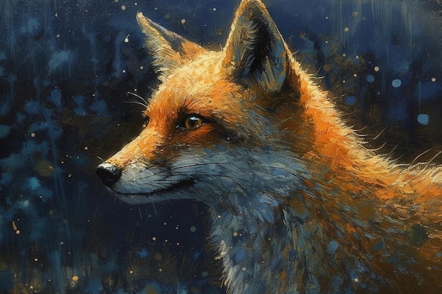 Ein Gemälde eines Fuchses mit blauem Hintergrund.