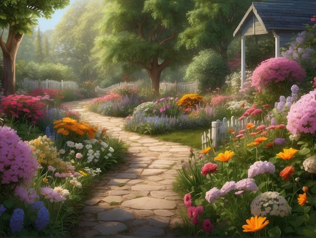 ein Gemälde eines Gartens mit einem Pfad und Blumen im Vordergrund