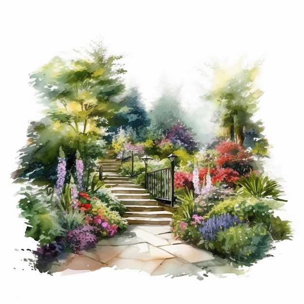 Ein Gemälde eines Gartens mit einem Steinweg und einem Tor
