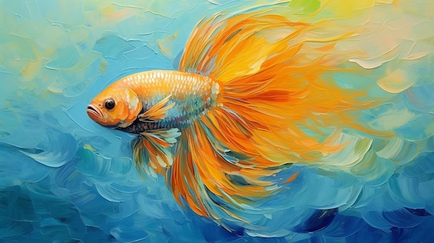 Ein Gemälde eines Goldfisches im blauen Wasser