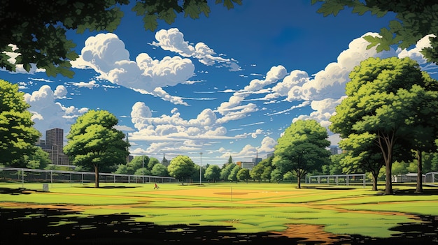ein Gemälde eines Golfplatzes mit einem Feld und Bäumen im Hintergrund