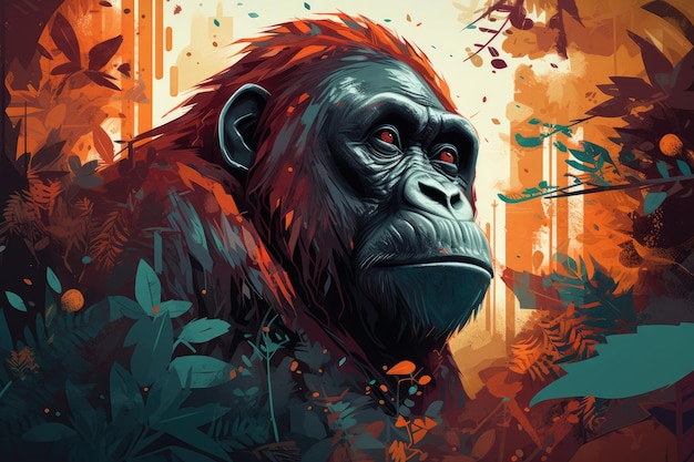 Ein Gemälde eines Gorillas mit rotem Gesicht und grünem Hintergrund