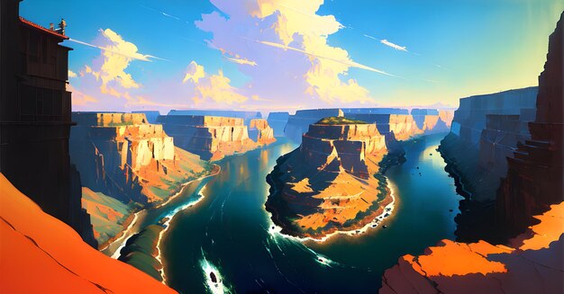 Ein Gemälde eines Grand Canyon mit blauem Himmel und Wolken.