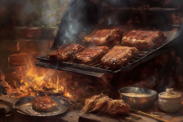 Ein Gemälde eines Grills mit Fleisch darauf und einer Schüssel Soße auf dem Grill.