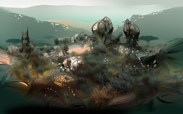 Ein Gemälde eines großen Außerirdischen mit einem großen Gewässer und einem Berg im Hintergrund.