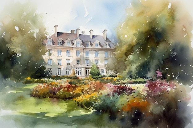 Ein Gemälde eines großen Gebäudes auf dem Gelände des Chateau de la Roche