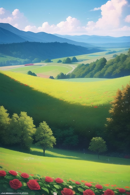 Ein Gemälde eines grünen Tals mit Bergen im Hintergrund.
