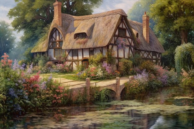 Ein Gemälde eines Häuschens am Fluss