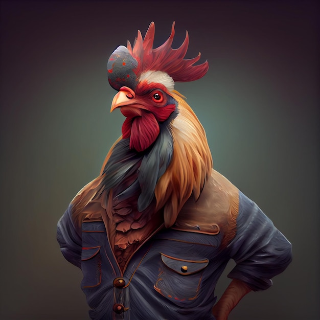 Ein Gemälde eines Hahns, der eine Jacke trägt, auf der „Huhn“ steht