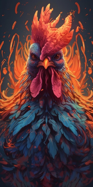 Ein Gemälde eines Hahns mit einer roten und blauen Flamme im Gesicht.