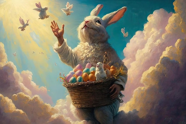 Ein Gemälde eines Hasen, der einen Korb voller Ostereier hält.