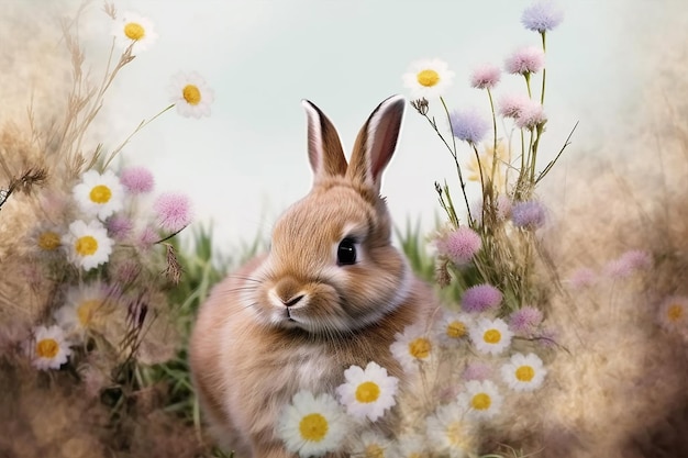 Ein Gemälde eines Hasen in einem Blumenfeld