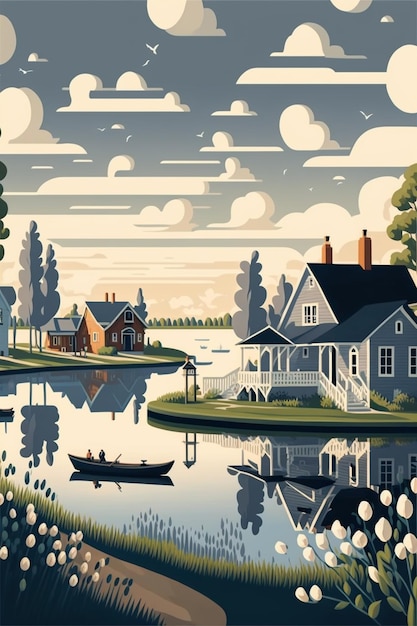 Ein Gemälde eines Hauses an einem See mit einem Boot im Wasser.