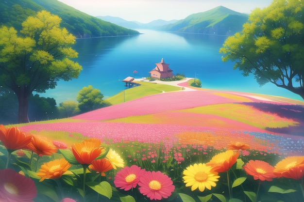 Ein Gemälde eines Hauses auf einem Hügel mit einem See und Blumen