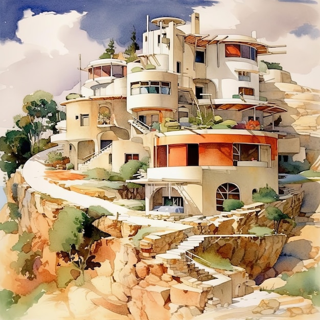 ein Gemälde eines Hauses auf einer Klippe mit einer Treppe und Treppen.