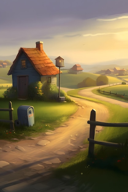 Ein Gemälde eines Hauses in einer ländlichen Landschaft