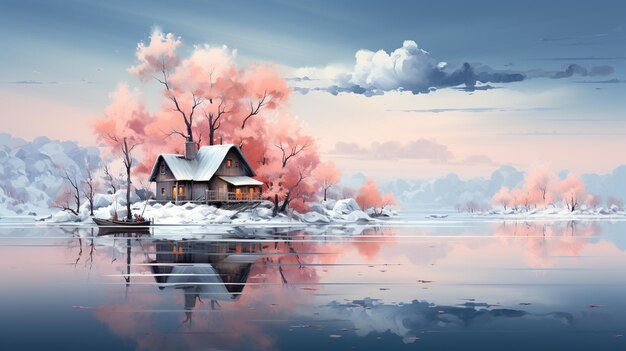 Ein Gemälde eines Hauses inmitten eines Sees, generatives KI-Bild