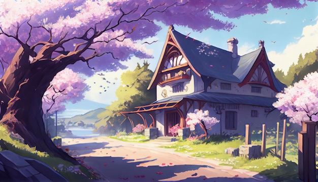 Ein Gemälde eines Hauses mit einem Baum im Vordergrund und einem See im Hintergrund.