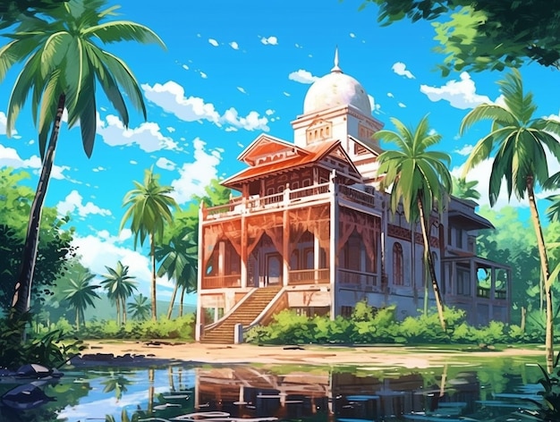 Ein Gemälde eines Hauses mit einem großen Gebäude im Hintergrund.